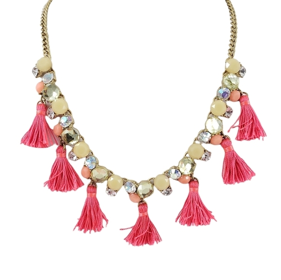 J. Crew necklace pink tassels aurora borealis rhinestones A0302 - Picture 10 of 11